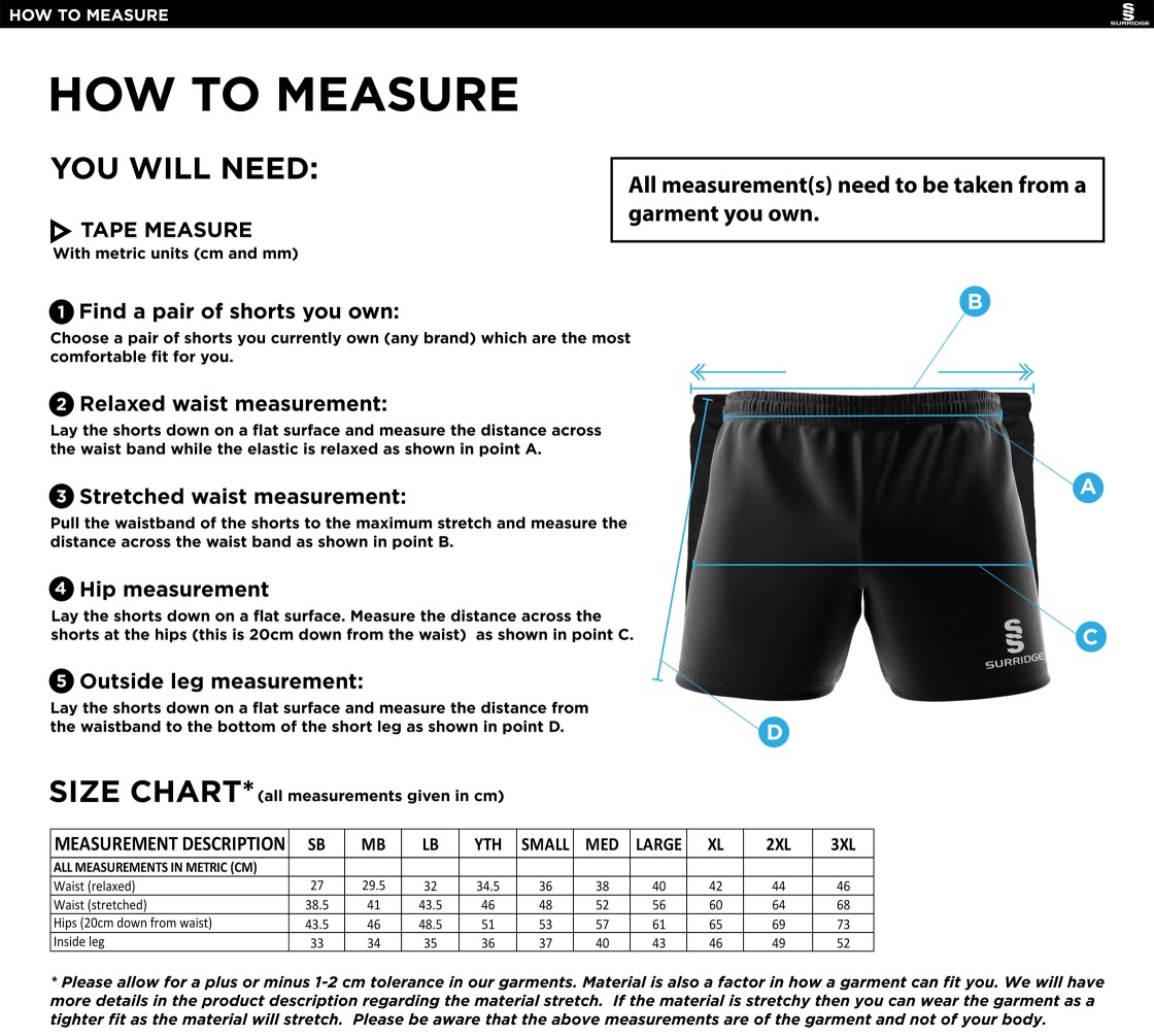 Hull University - Cricket - Shorts - Size Guide