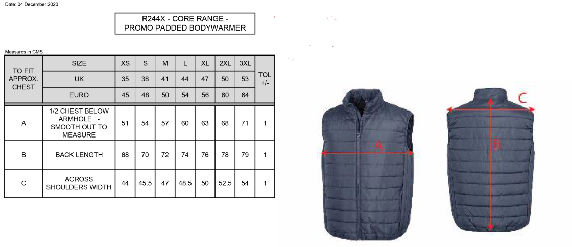 Hull University - Gilet - Size Guide