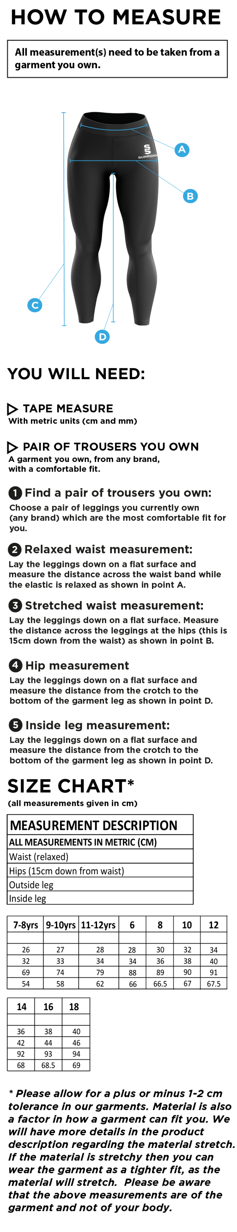 Hull University - Cricket - Leggings - Size Guide