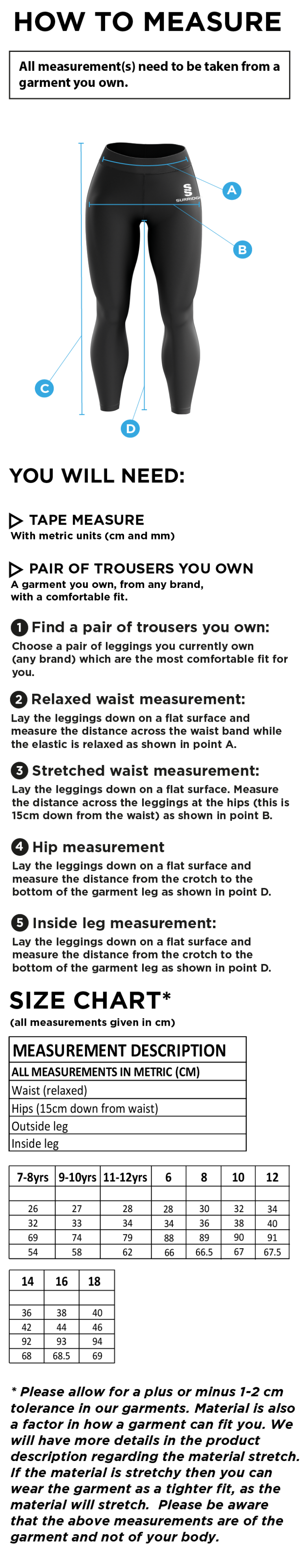 Hull University - Leggings - Size Guide