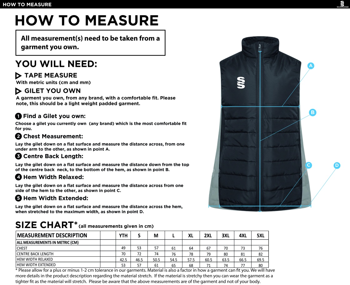 Hull University - Cricket - Gilet - Size Guide