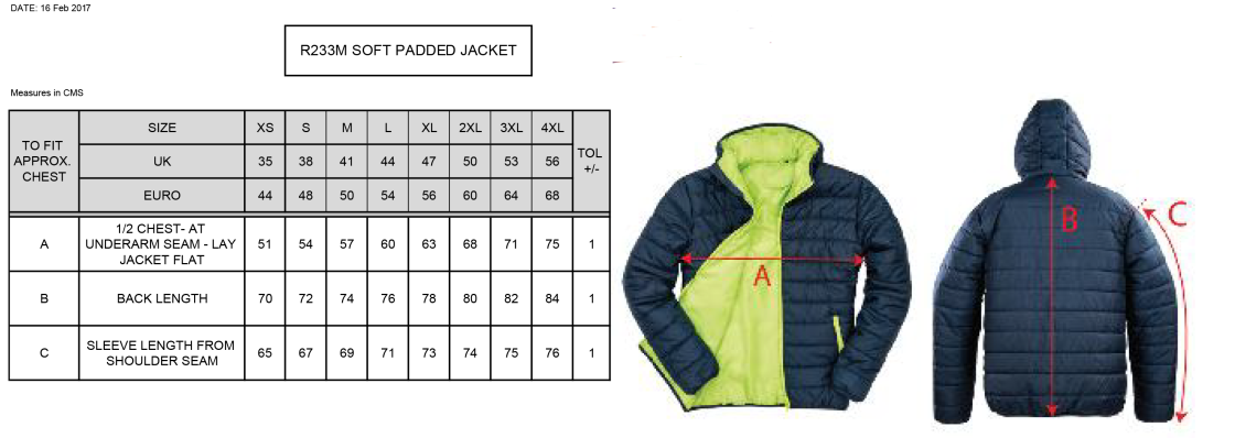 Hull University - Cricket - Padded Jacket - Size Guide