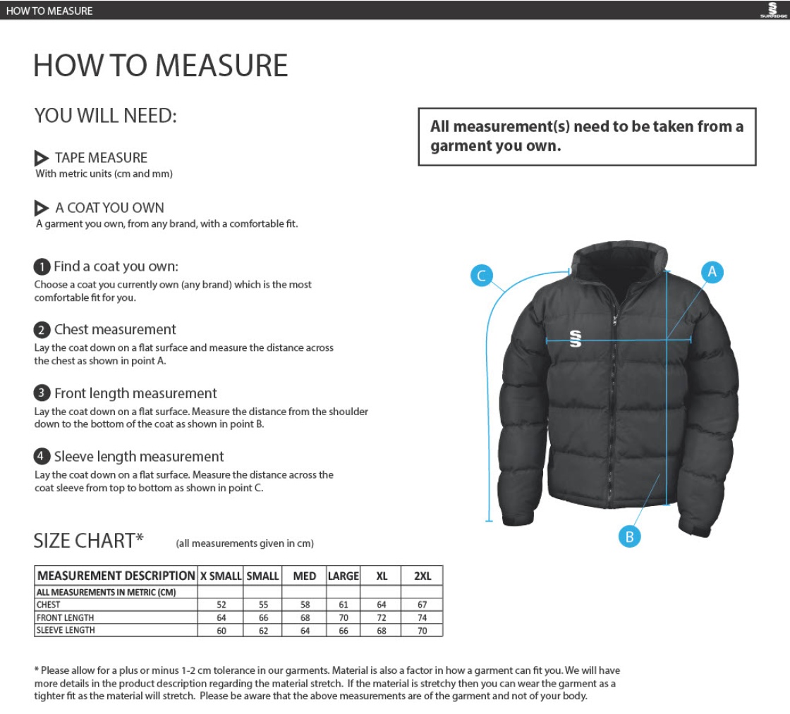 Hull University - Cricket - Womens Puffa Jacket - Size Guide