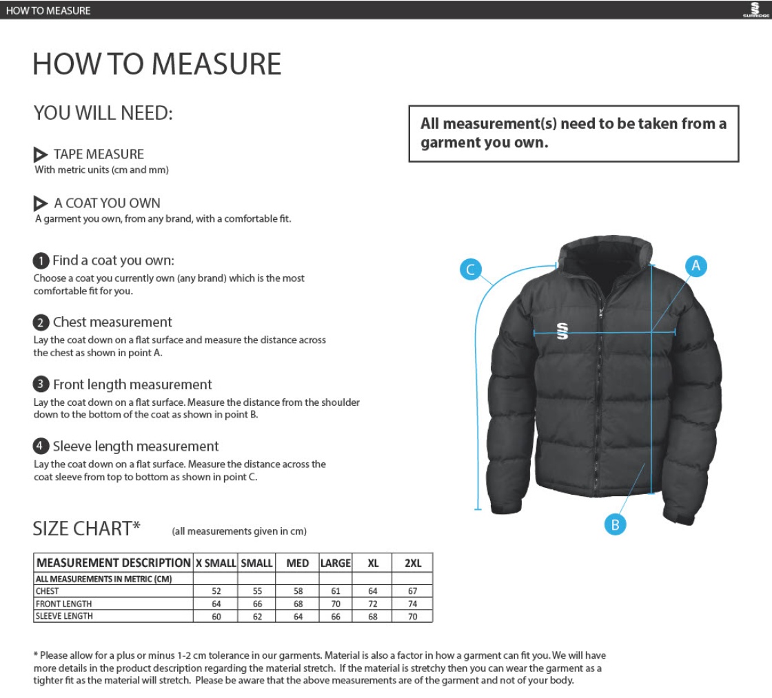 Hull University - Ice Hockey - Womens Puffa Jacket - Size Guide