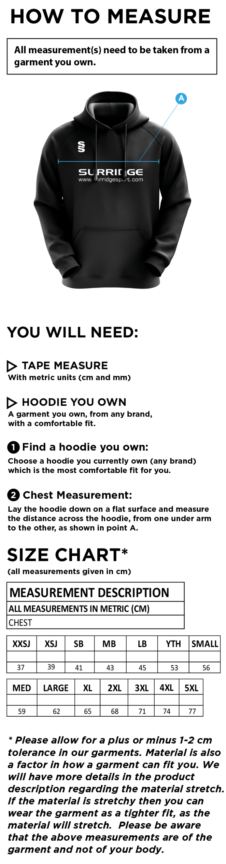 Hull University - Overhead Hoodie - Size Guide