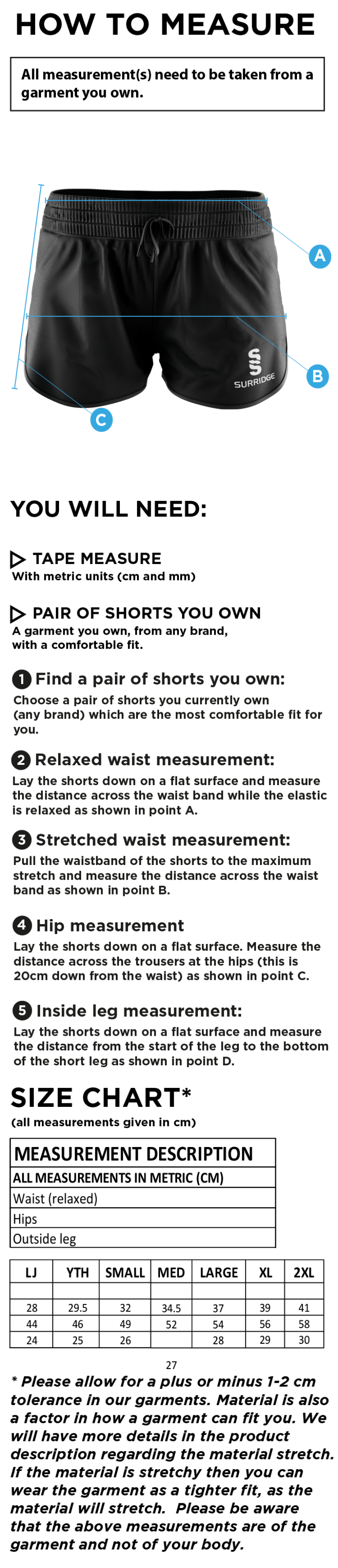 Hull University - Womens Shorts - Size Guide