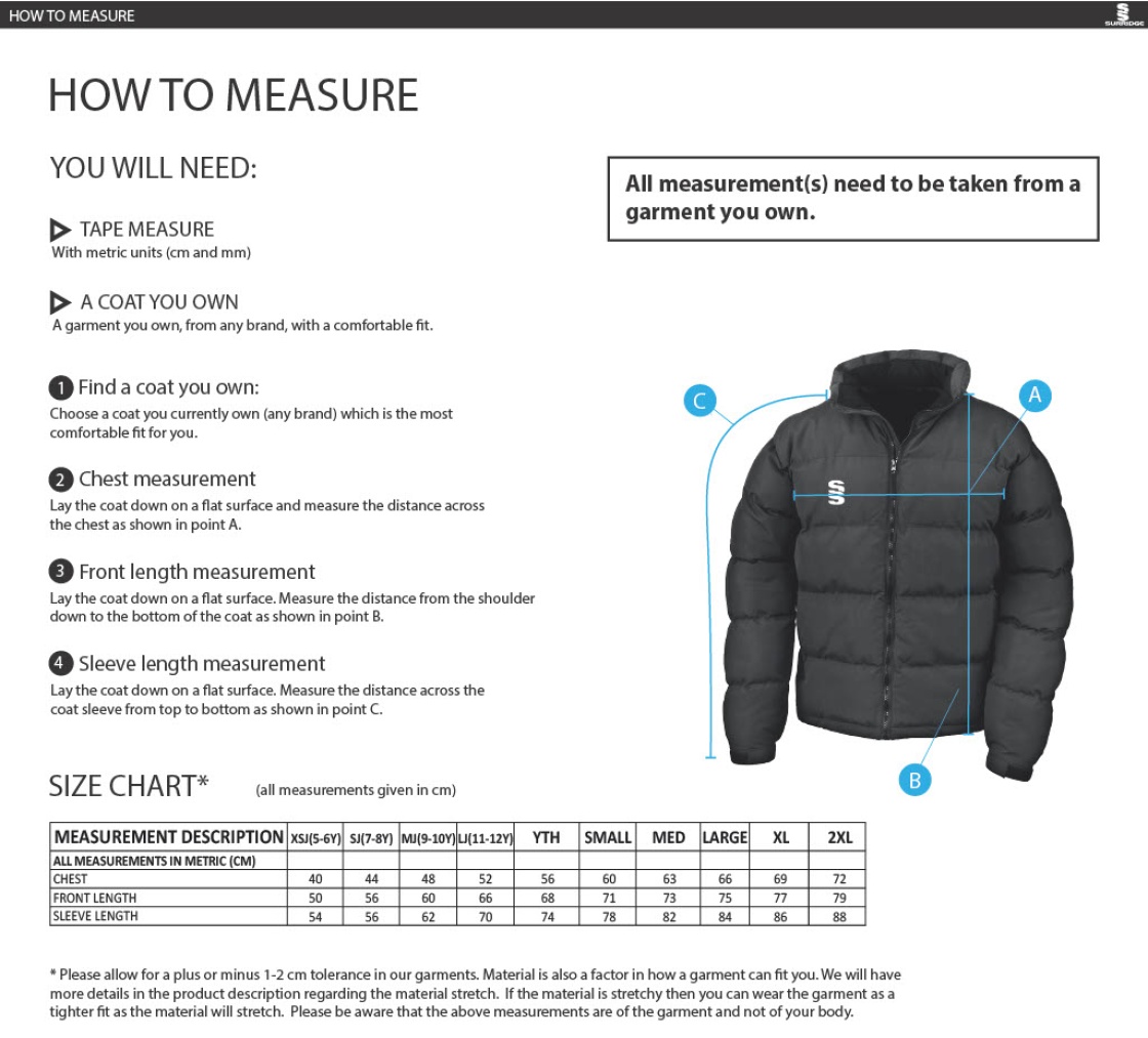 Hull University - Cricket - Mens Puffa Jacket - Size Guide