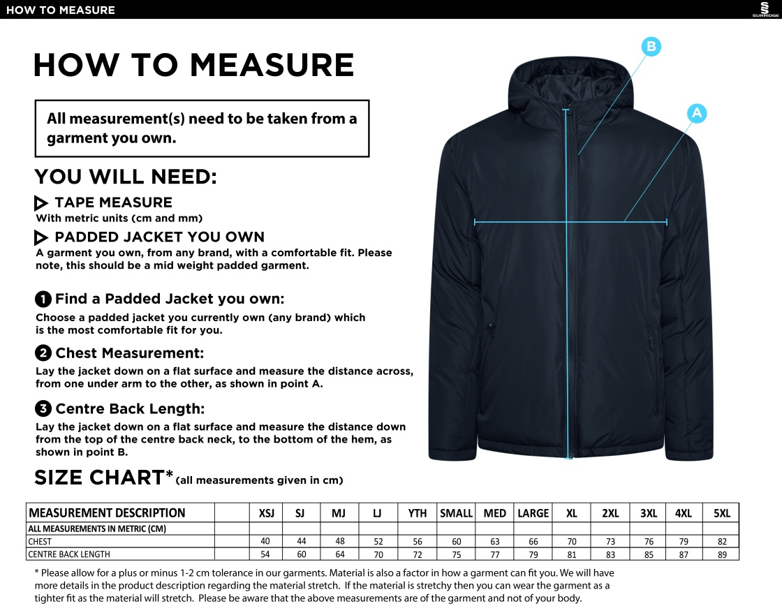 Hull University - Coaches Jacket - Size Guide