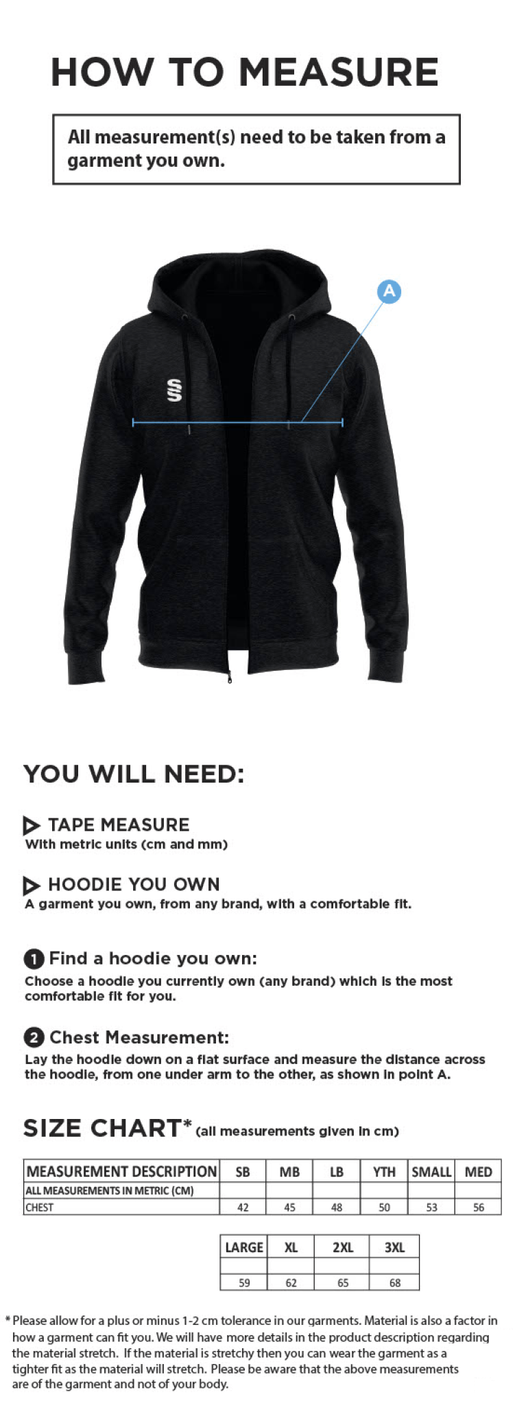 Hull University - Zip Hoodie - Size Guide