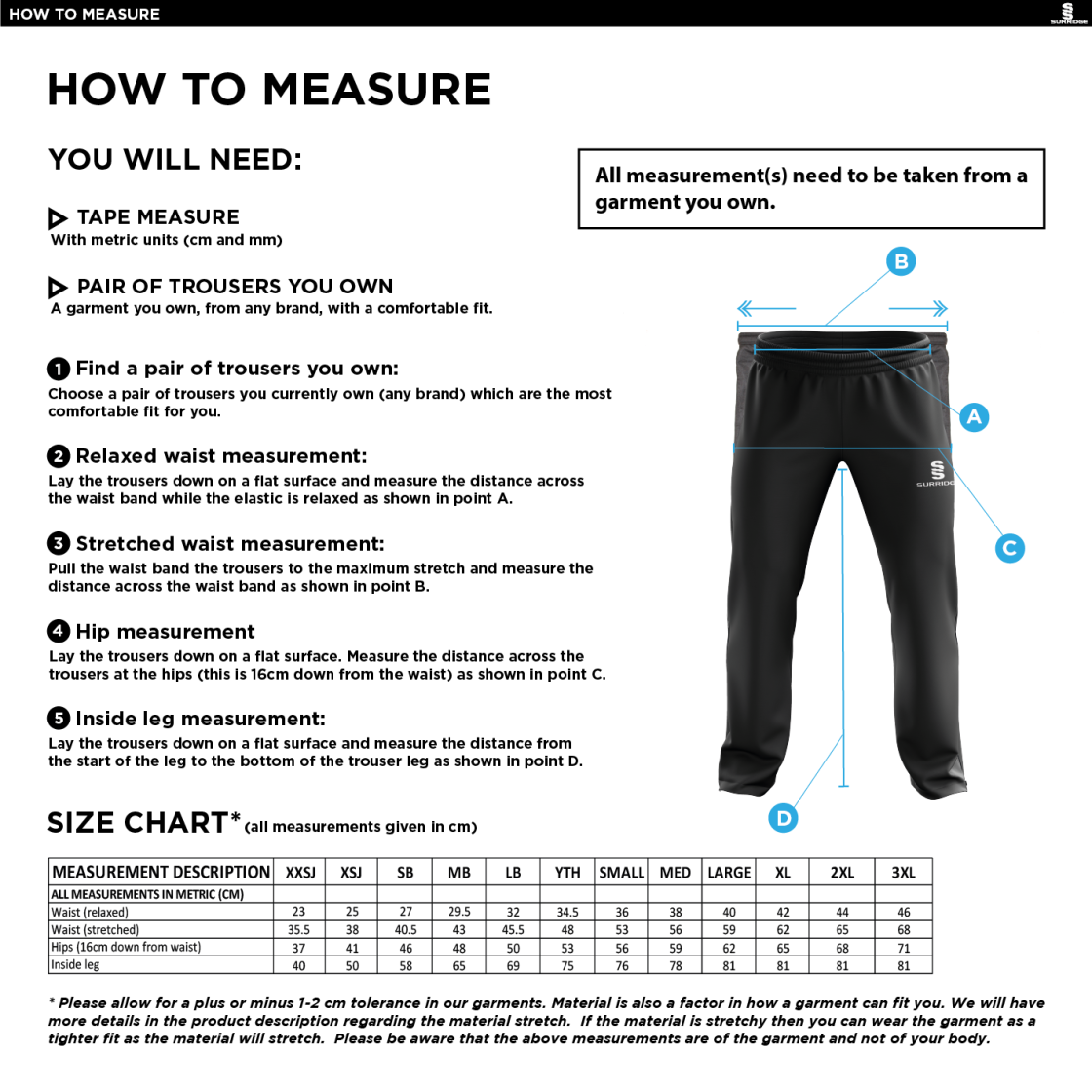 Hull University - Cricket - Mens Track Pants - Size Guide