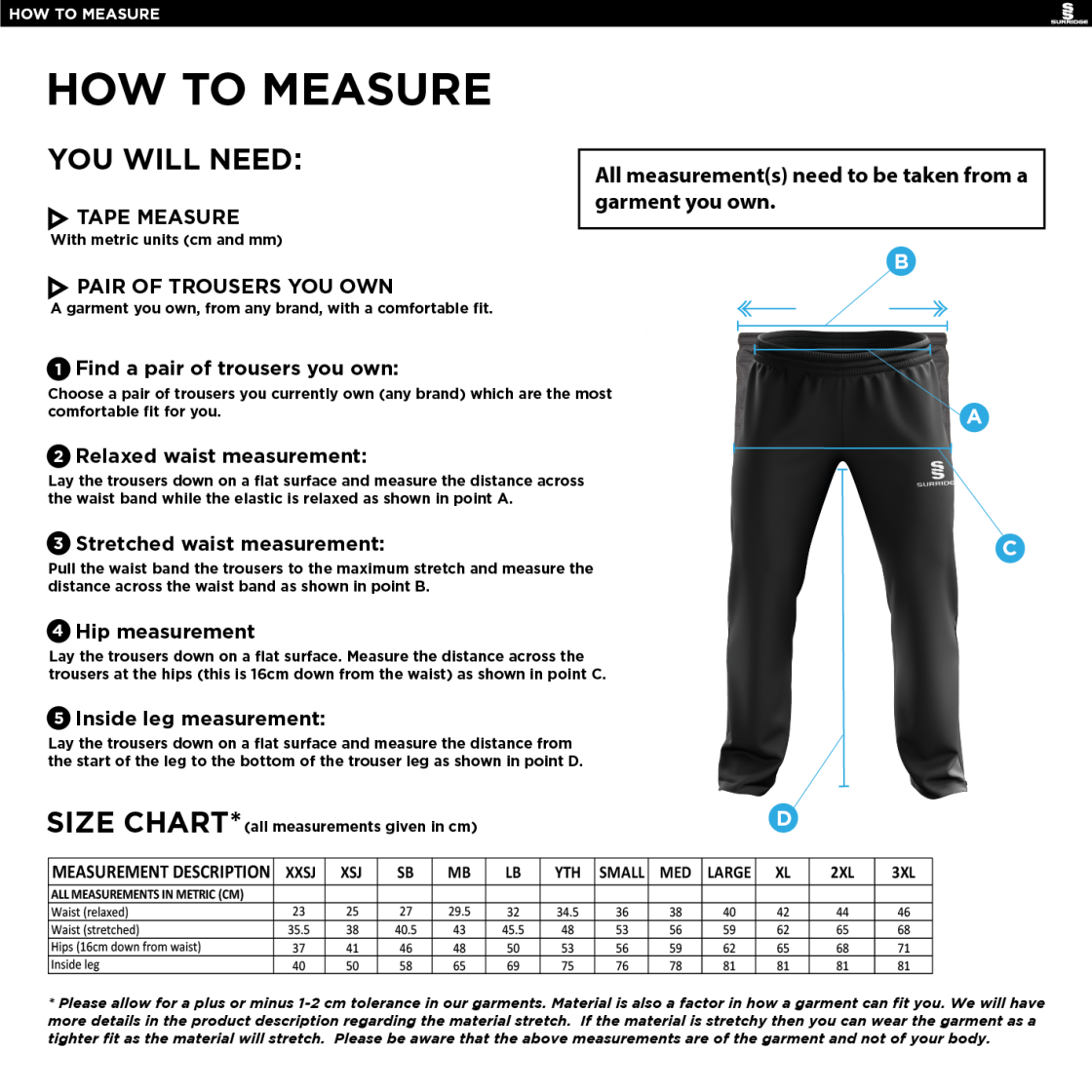 Hull University - Mens Track Pants - Size Guide