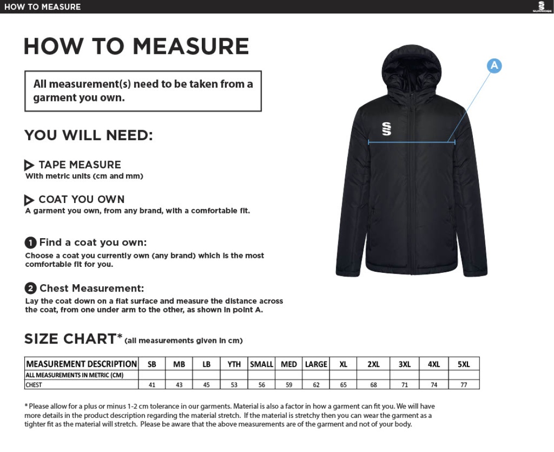 Hull University - Coaches Jacket - Size Guide