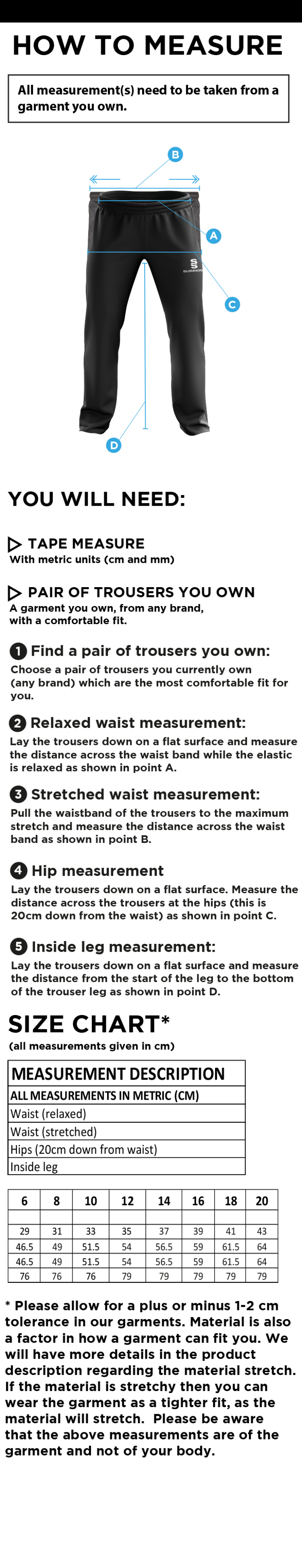 Hull University - Cricket - Womens Track Pants - Size Guide