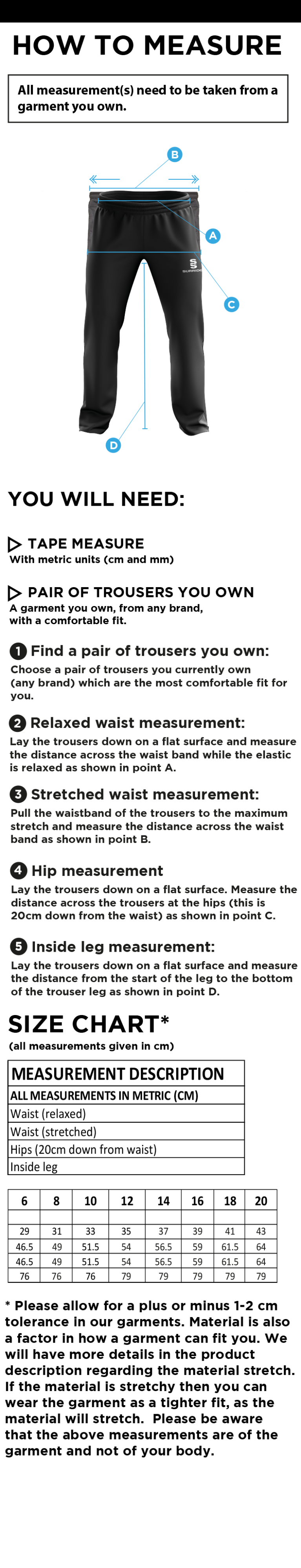 Hull University - Womens Track Pants - Size Guide