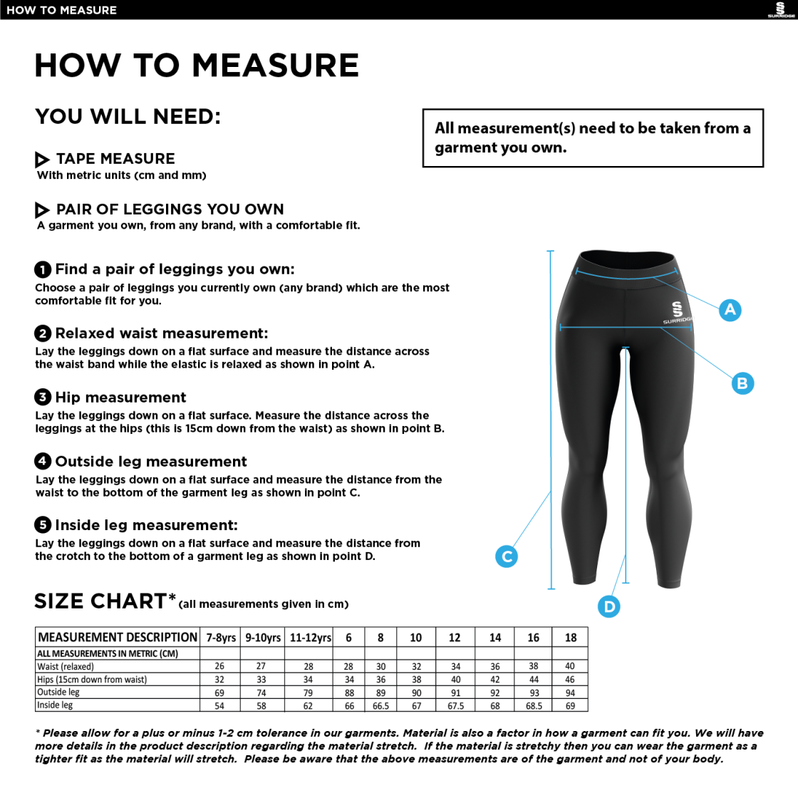 Hull University - Cricket - Leggings - Size Guide