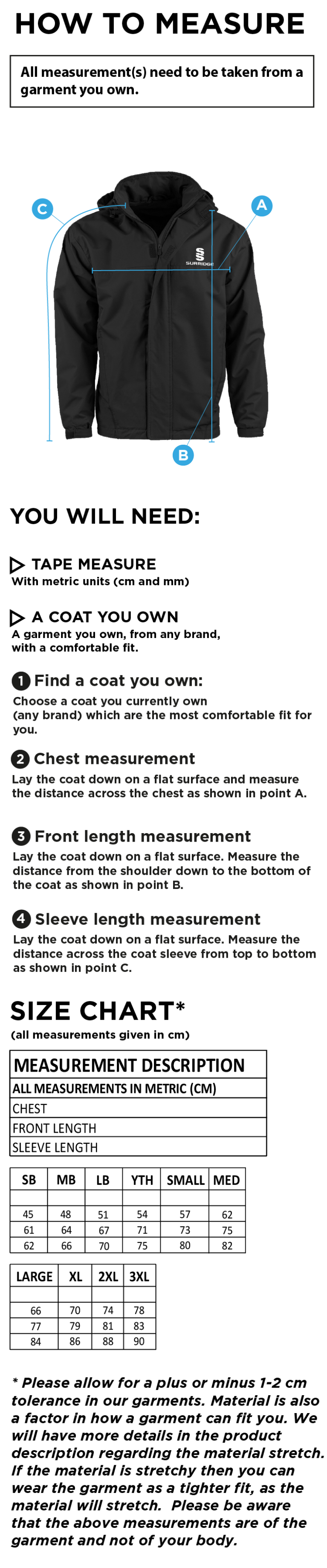 Hull University - Lined Jacket - Size Guide