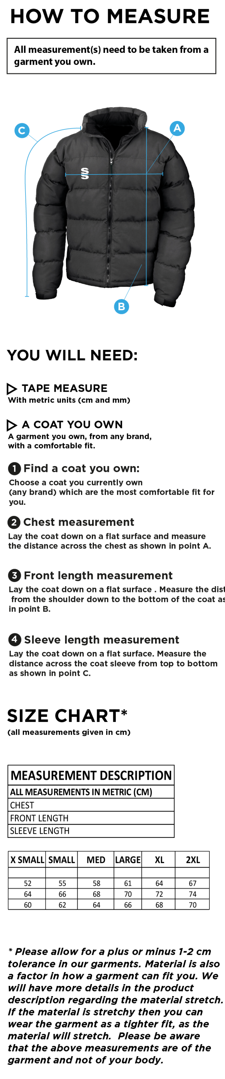 Hull University - Cricket - Womens Puffa Jacket - Size Guide